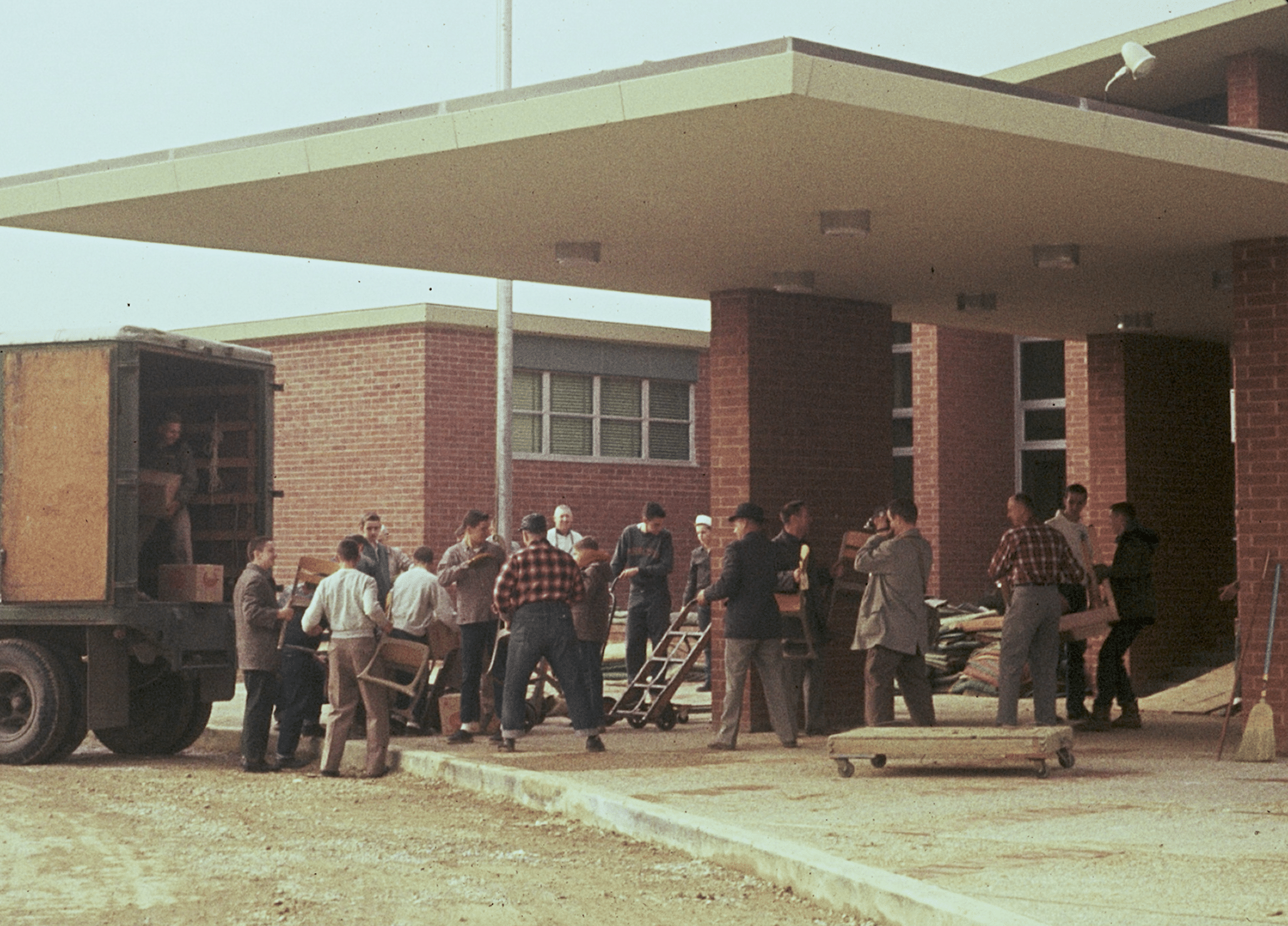 Vintage photo of furniture being moved into Principia's new campus in Town & Country